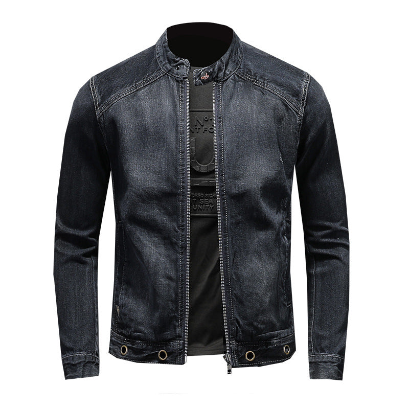 Men's Stand-up Collar Dark Blue Motorcycle Vintage Zipper Denim Coat