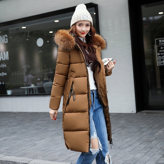 Long cotton jacket hooded big fur collar down jacket