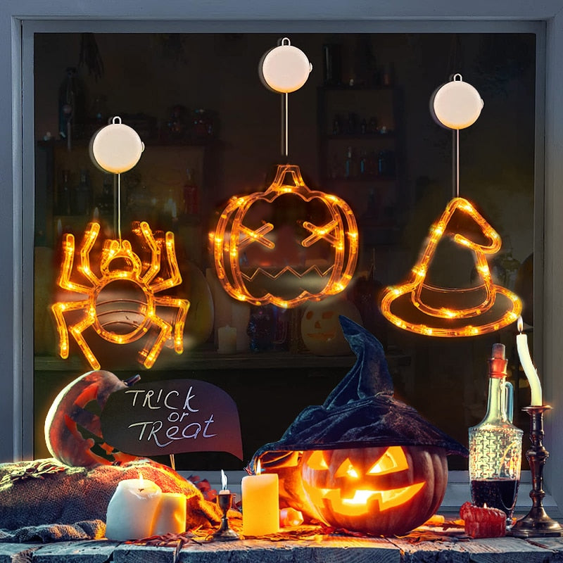 Halloween Window Hanging LED Lights Ghost Spider Pumpkin Horror Atmosphere Lights