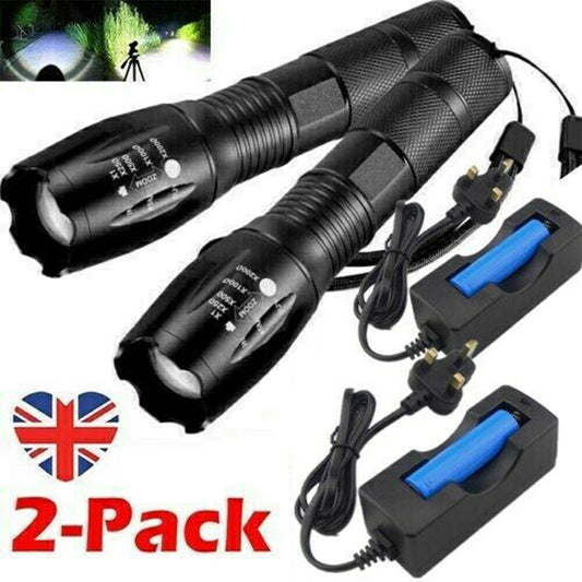 2Set High Power Torch Adjustable Focus LED Flashlight 5 Modes Lamp