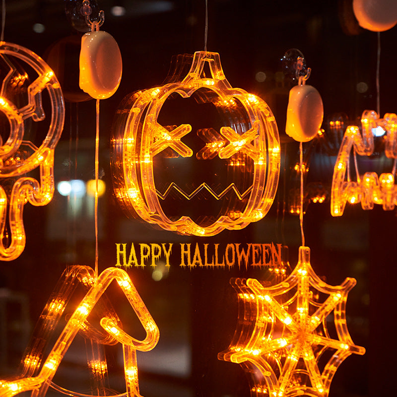 Halloween Window Hanging LED Lights Ghost Spider Pumpkin Horror Atmosphere Lights